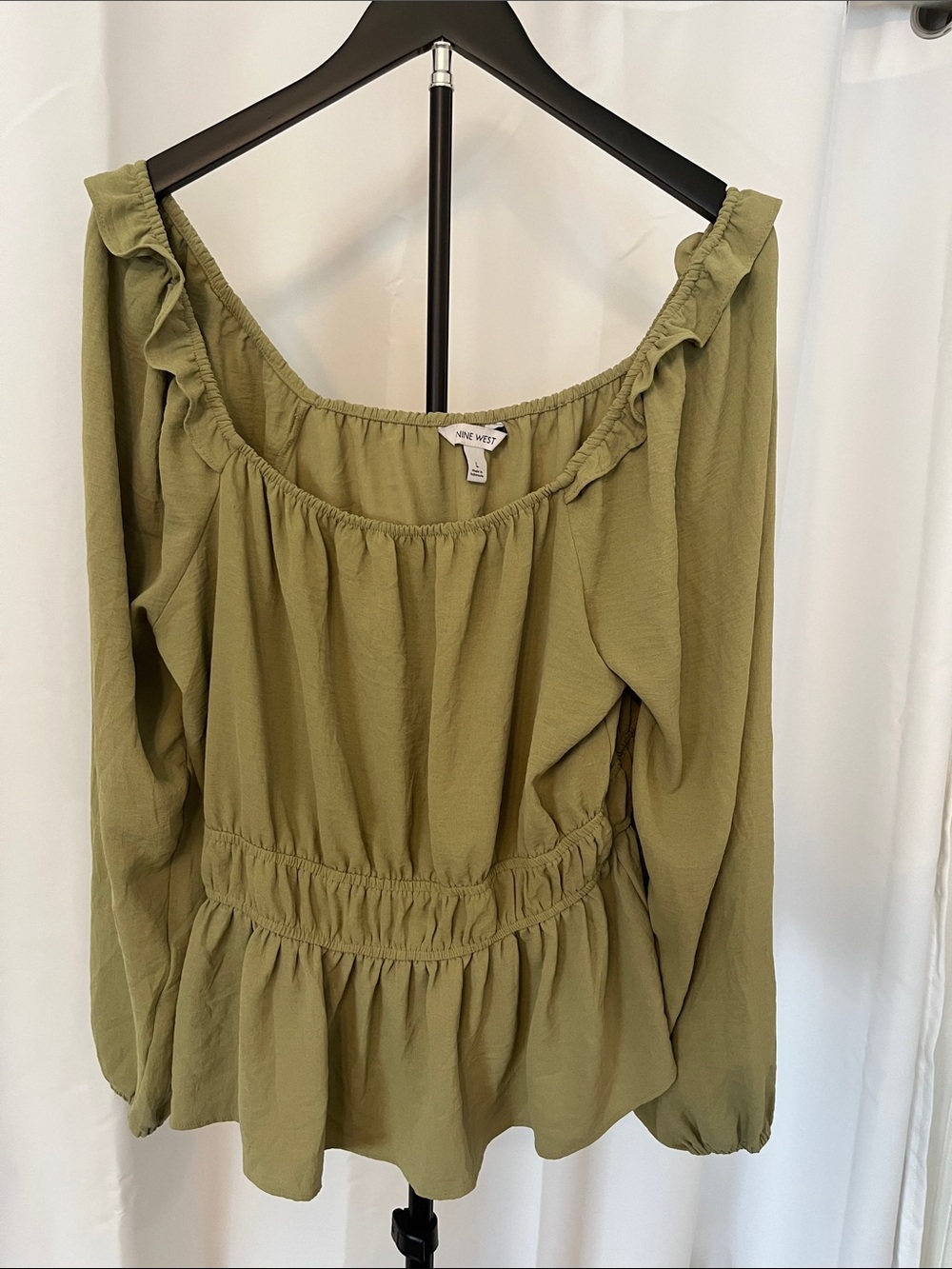 Nine West Olive Off-Shoulder Ruffle Peasant Blouse
